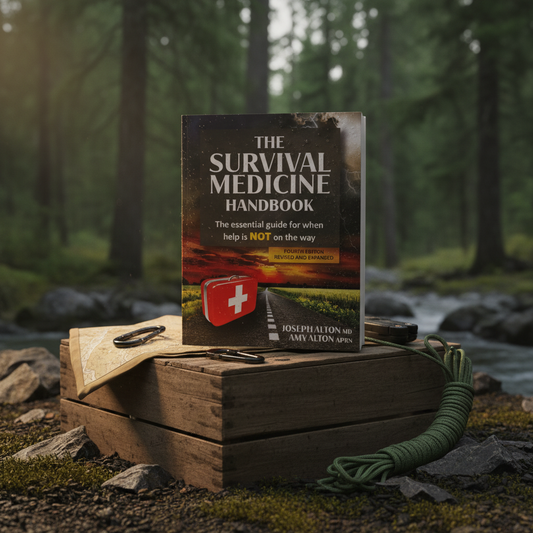 The Survival Medicine HandBook in rugged outdoor setting